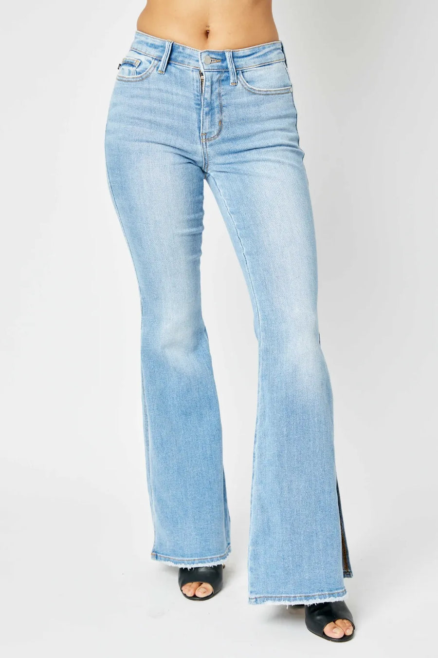 Judy Blue Full Size Mid Rise Raw Hem Slit Flare Jeans - Jeans Junction Online 