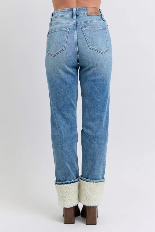 Judy Blue Full Size High Waist Shearling Cuff Straight Plus Size - Jeans Junction Online