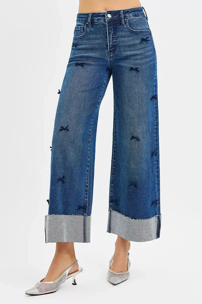 RISEN High Rise Crop Wide Leg Ribbon Detail Jeans - Jeans Junction Online
