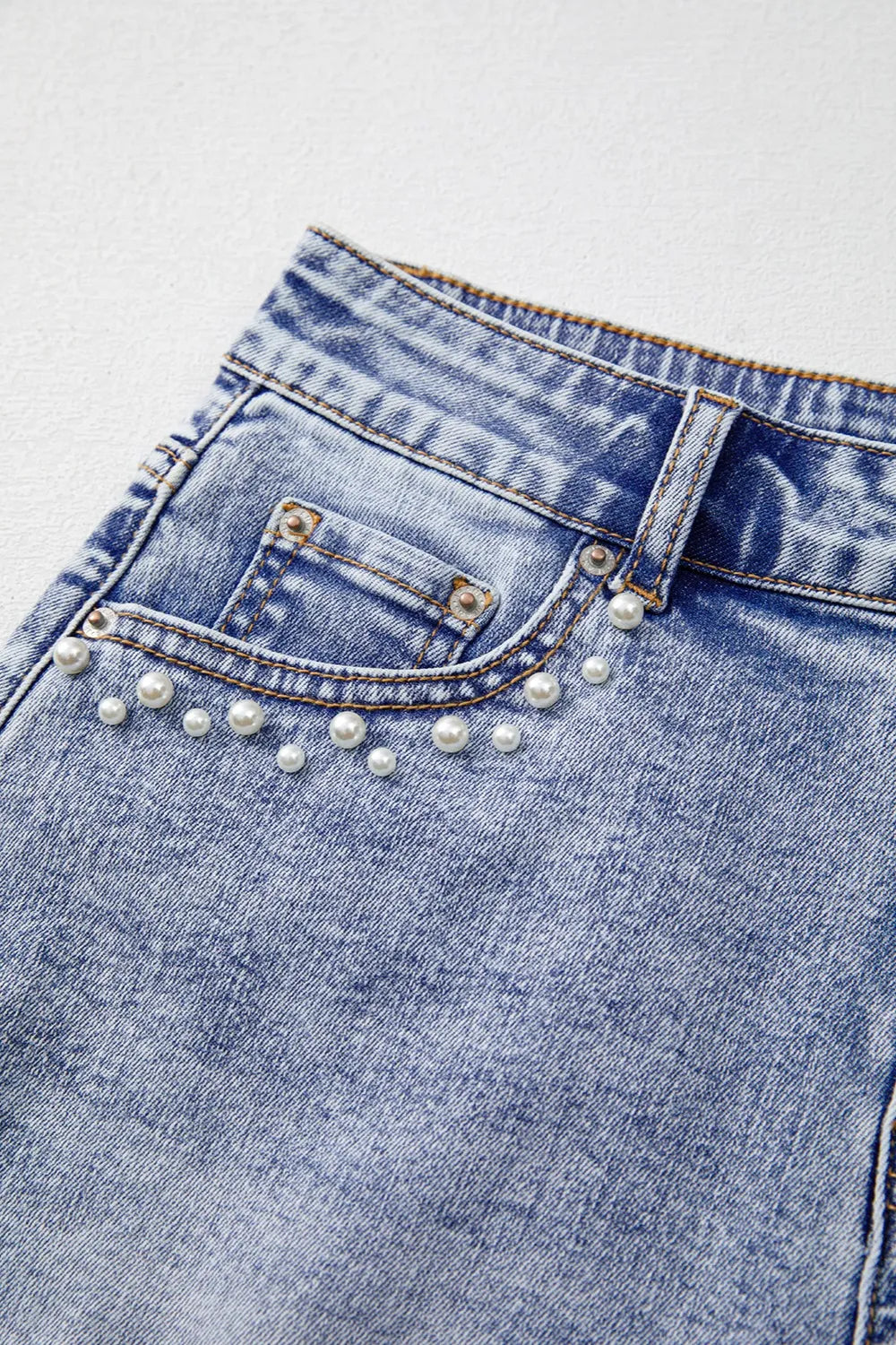 Pearl Studded Pockets Raw Hem Denim Shorts - Jeans Junction Online