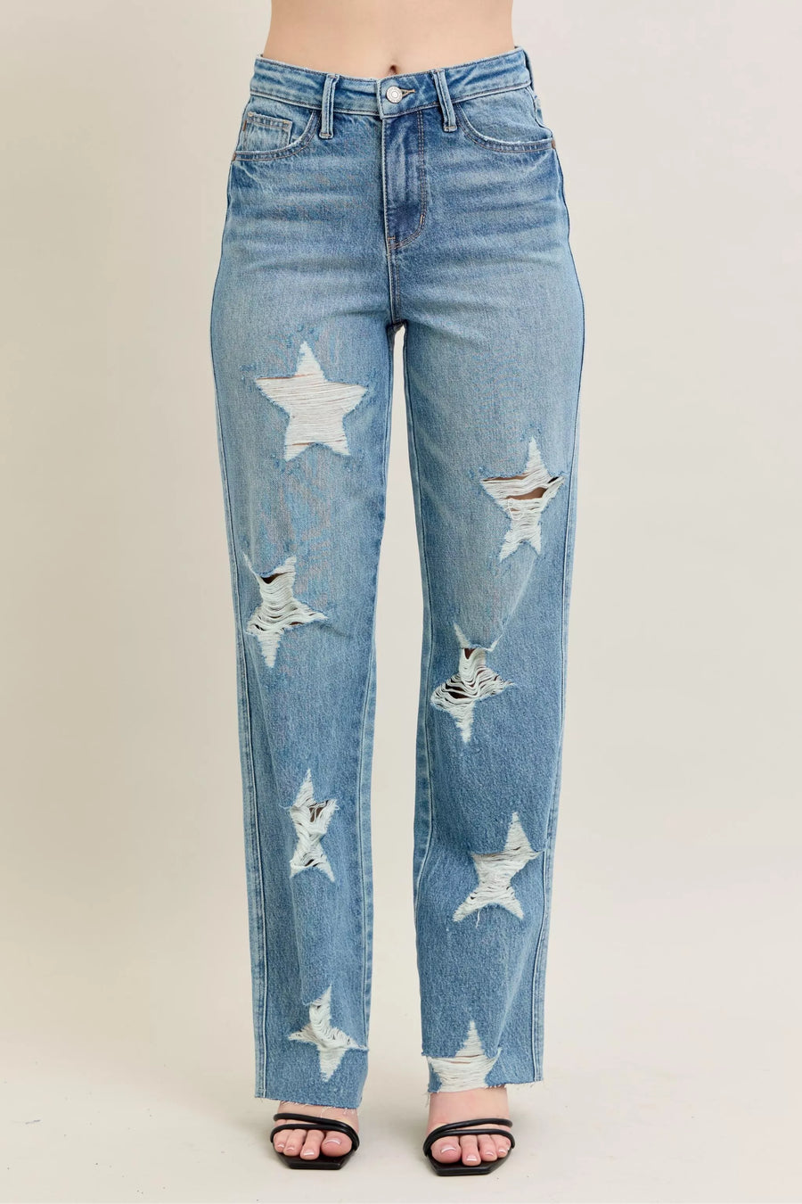 Judy Blue Full Size High Waist Rigid Magic Star Shaped Destroy 90's Straight Jeans Plus Size - Jeans Junction Online 