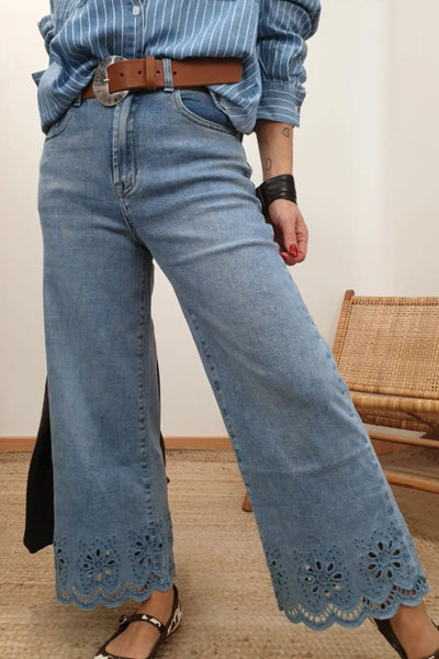 Lace Detail Cropped Wide Leg Jeans - Jeans Junction Online
