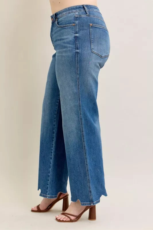 Judy Blue Full Size High Waist Tummy Control Chew Hem Destroy Wide Jeans Plus Size - Jeans Junction Online