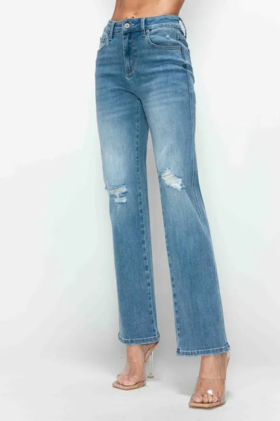 bytos Full Size Distressed High Rise Straight Jeans - Jeans Junction Online