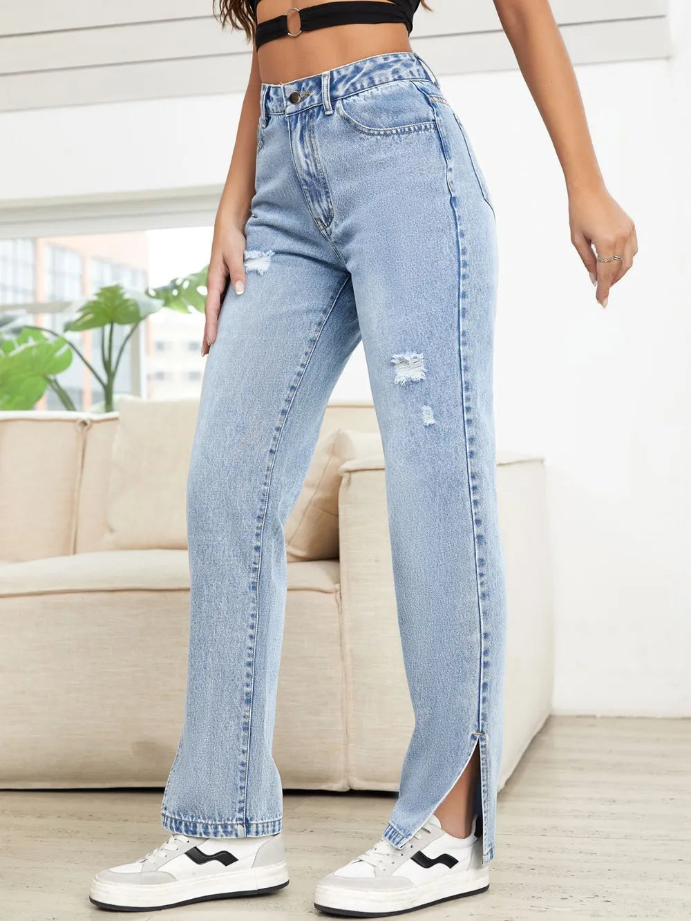 Distressed Slit Straight Leg Jeans - Jeans Junction Online