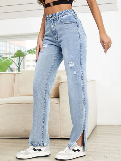 Distressed Slit Straight Leg Jeans - Jeans Junction Online