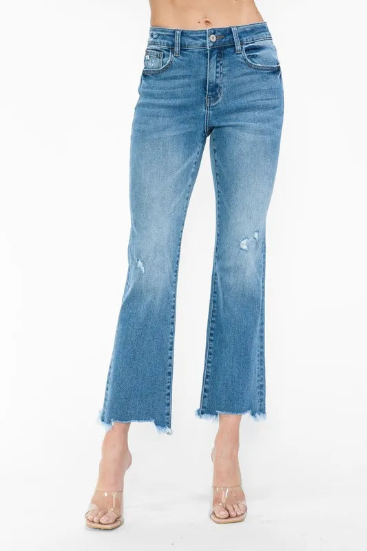 bytos Raw Hem Distressed Mid Rise Crop Jeans - Jeans Junction Online