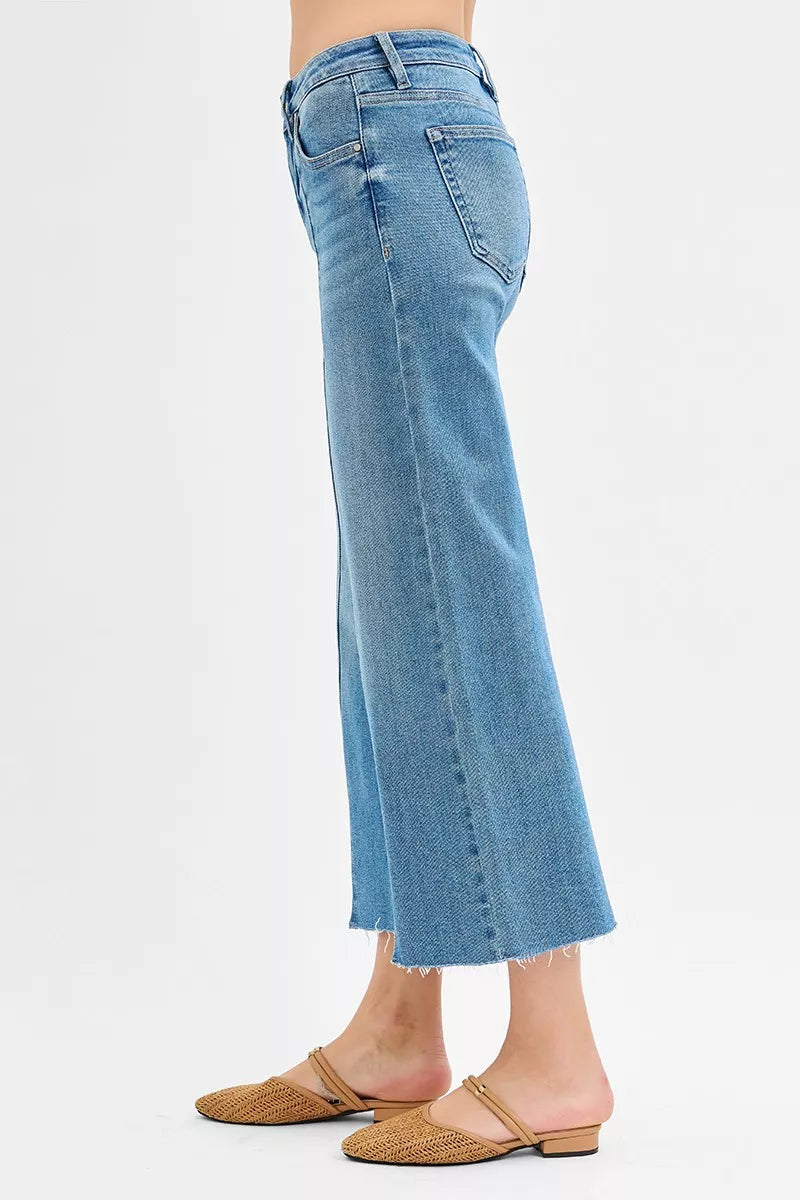 RISEN Tummy Control Mid Rise Crop Wide Front Slit Jeans - Jeans Junction Online