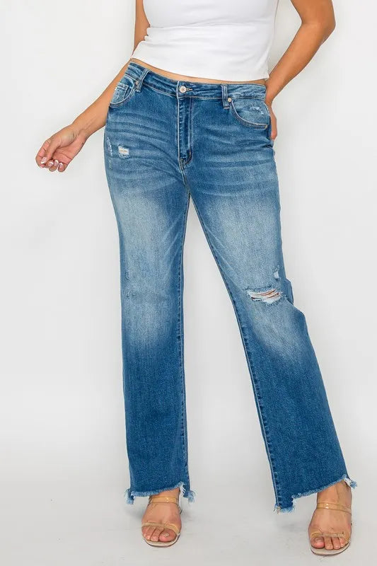 bytos Full Size Raw Hem Distressed Mid Rise Straight Jeans - Jeans Junction Online