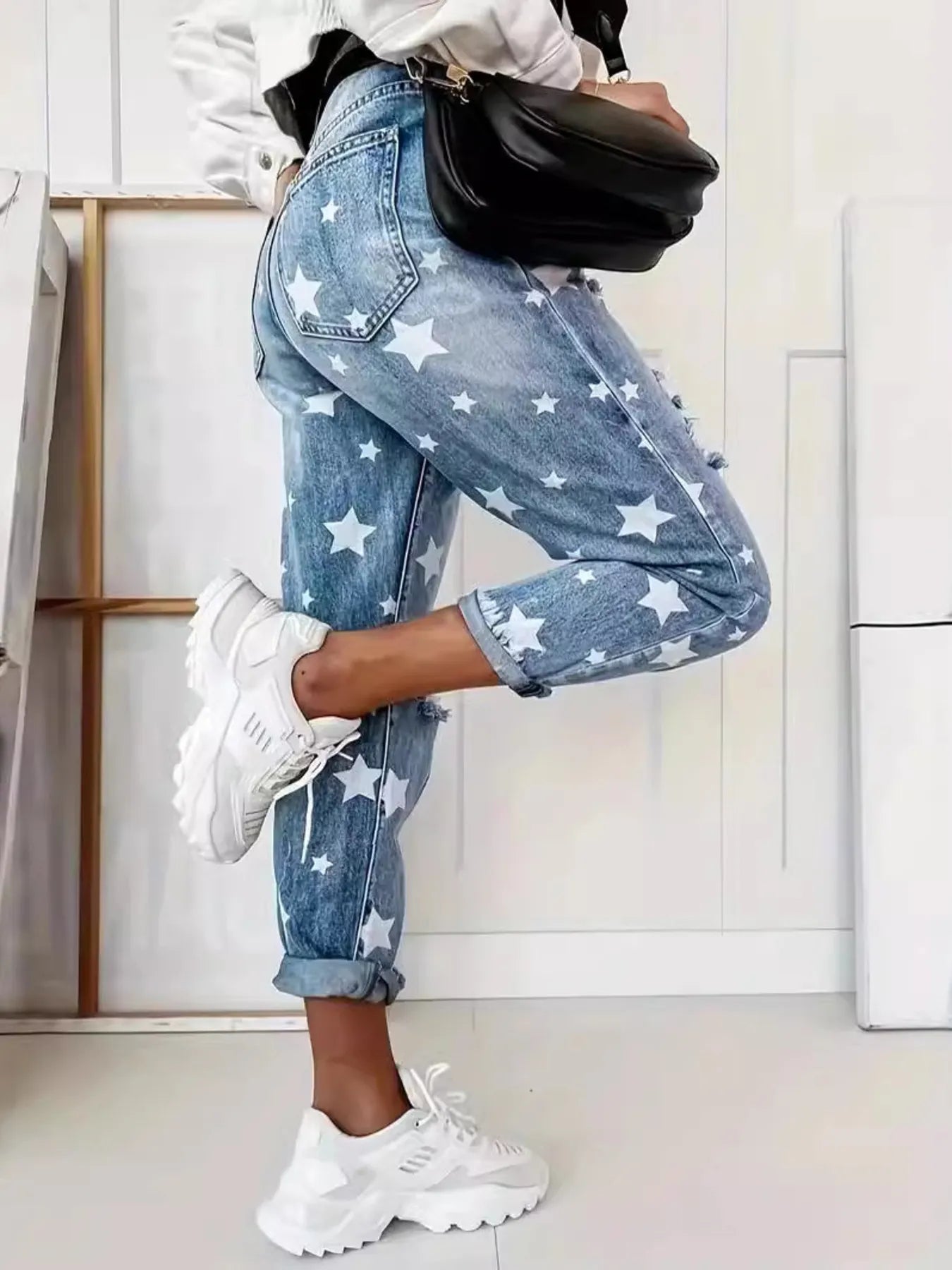 Star Print Distressed High Waist Boyfriend Jeans - Jeans Junction Online