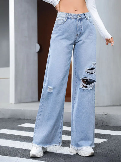 Distressed Raw Hem Wide Leg Jeans - Jeans Junction Online