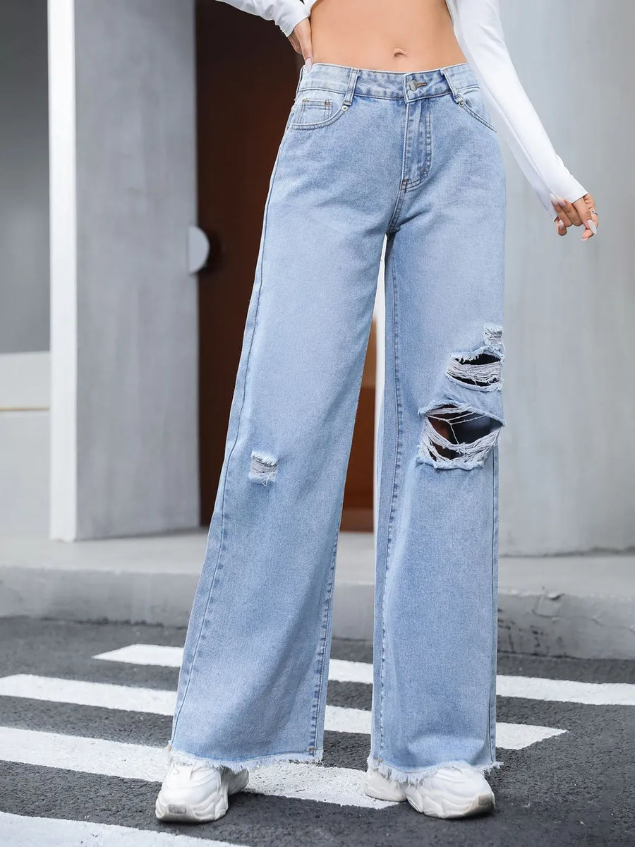 Distressed Raw Hem Wide Leg Jeans - Jeans Junction Online 