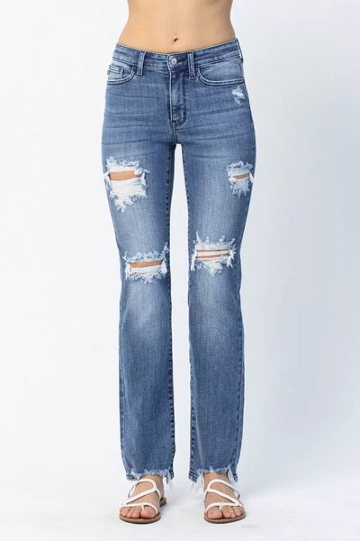 Judy Blue Full Size Mid Rise Destroy Straight Jeans Plus Size - Jeans Junction Online