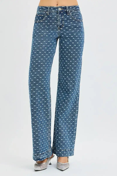 RISEN High Rise Wide Leg Bow Embroidered Jeans - Jeans Junction Online