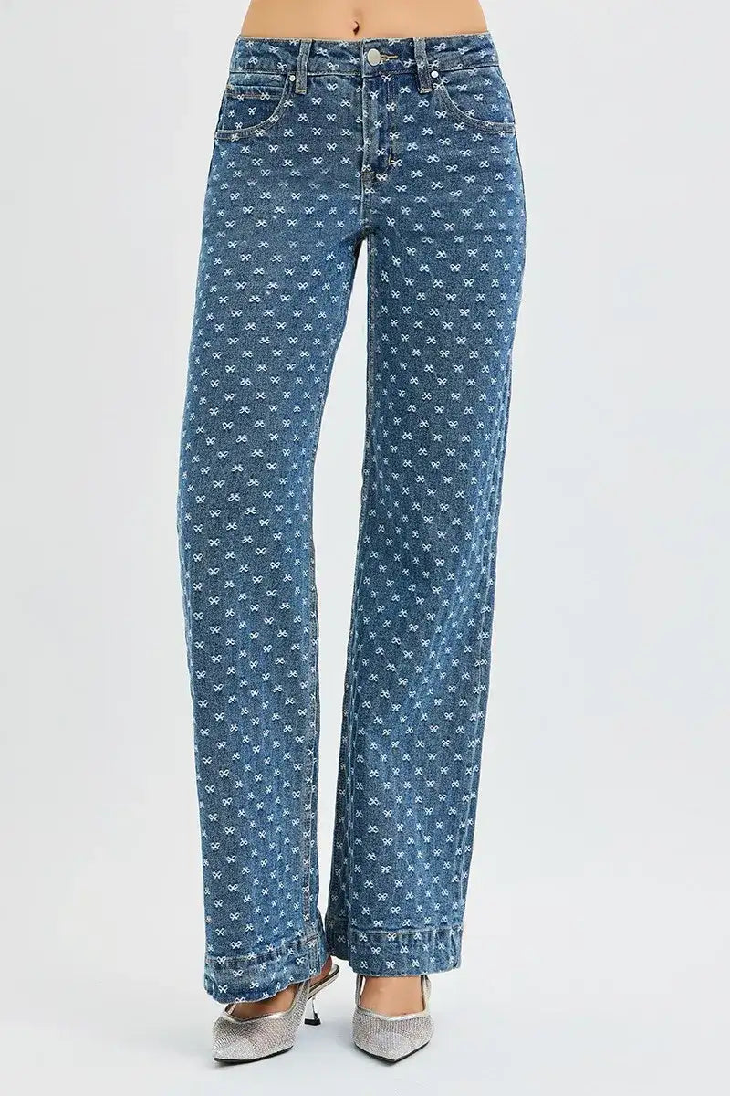 RISEN High Rise Wide Leg Bow Embroidered Jeans - Jeans Junction Online 