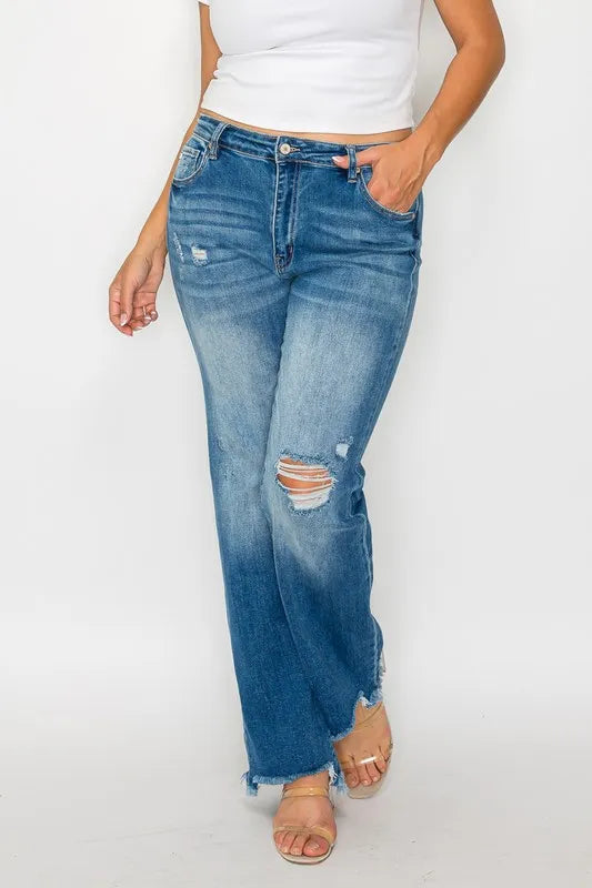bytos Full Size Raw Hem Distressed Mid Rise Straight Jeans - Jeans Junction Online