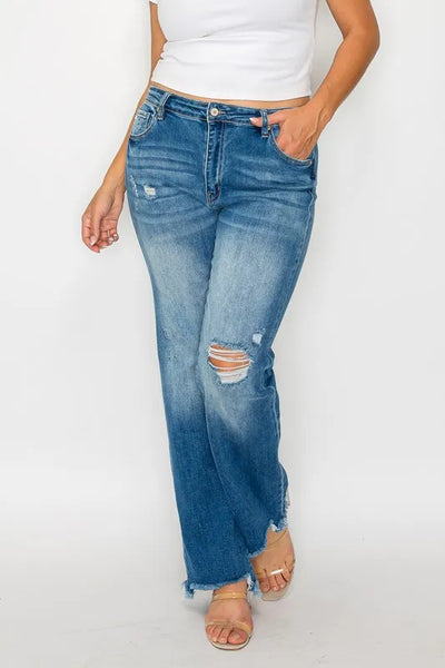 bytos Full Size Raw Hem Distressed Mid Rise Straight Jeans - Jeans Junction Online