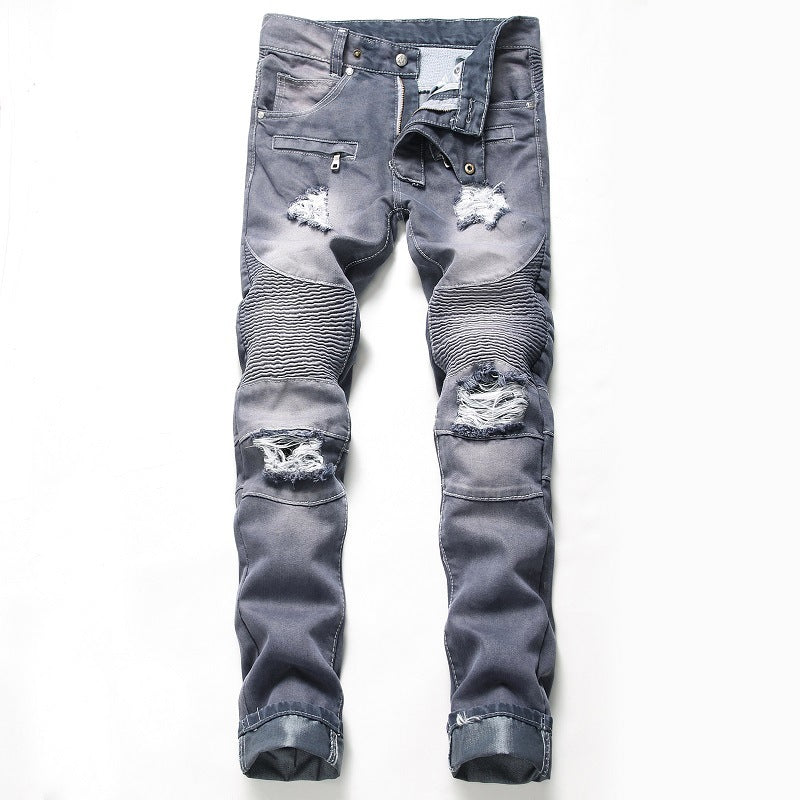 Nostalgic Ripped Motorcycle Jeans Straight Personality - Jeans Junction Online