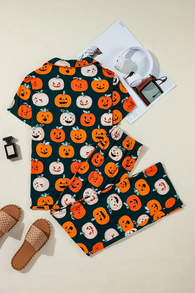 Pumpkin Printed Short Sleeve Top and Pants Lounge Set - Jeans Junction Online