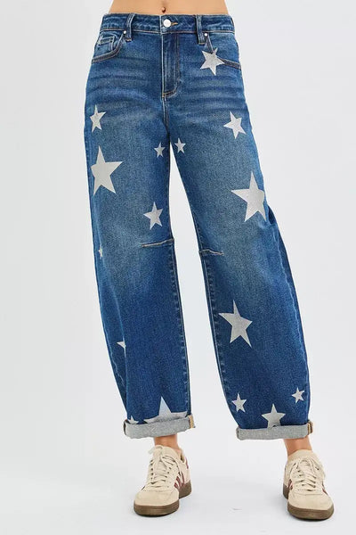 RISEN Mid Rise Ankle Length Relaxed Barrel Star Printed Jeans - Jeans Junction Online