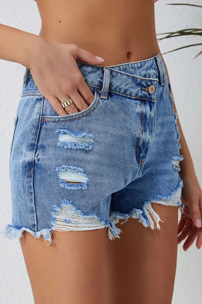 High Rise Crossover Waist Denim Shorts - Jeans Junction Online