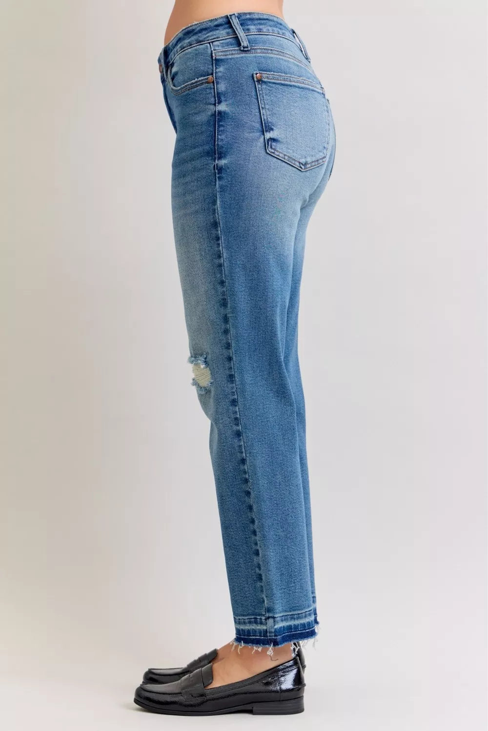 Judy Blue Full Size Mid Rise Bf Patch & Repair Destroy Release Hem Jeans Plus Size - Jeans Junction Online