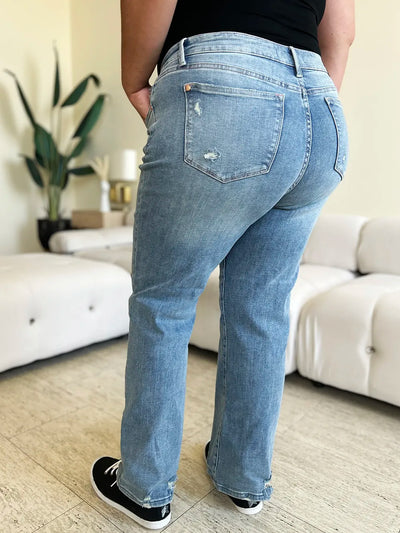 Judy Blue Full Size Mid Rise Distressed Straight Jeans - Jeans Junction Online