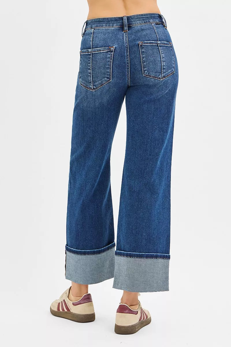 RISEN Full Size High Rise Crop Wide Straight Cuffed Jeans Plus Size - Jeans Junction Online