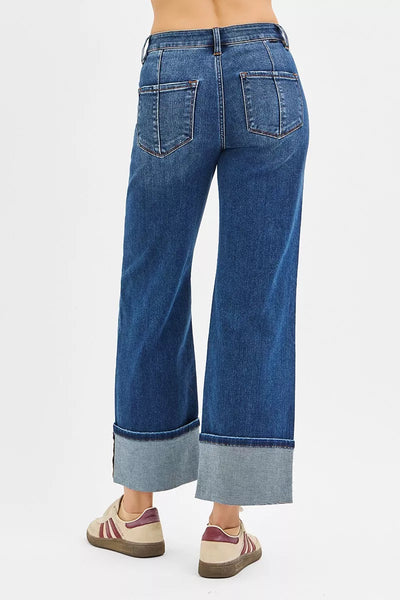 RISEN Full Size High Rise Crop Wide Straight Cuffed Jeans Plus Size - Jeans Junction Online