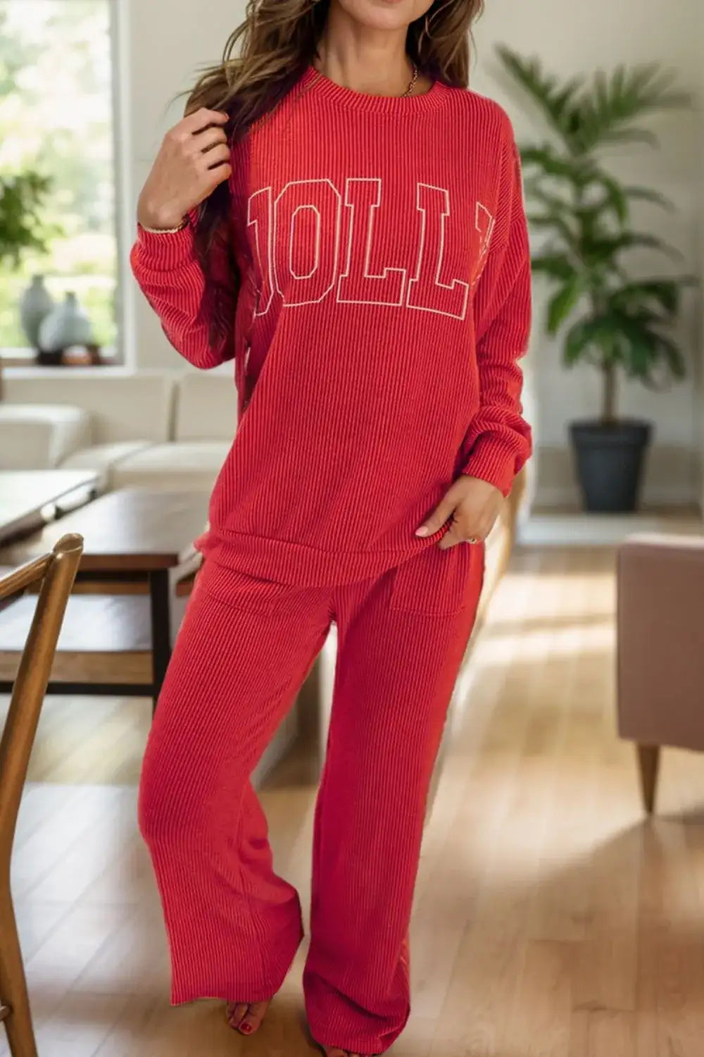JOLLY Round Neck Long Sleeve Top and Pants Lounge Set - Jeans Junction Online