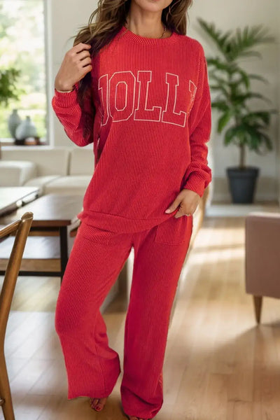 JOLLY Round Neck Long Sleeve Top and Pants Lounge Set - Jeans Junction Online