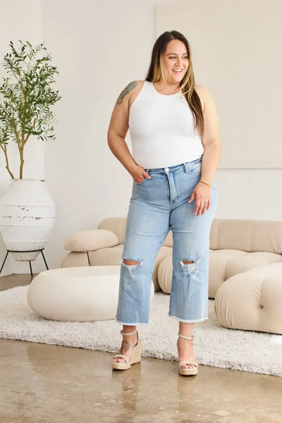 RFM Full Size Tummy Control High Waist Raw Hem Distressed Jeans - Jeans Junction Online