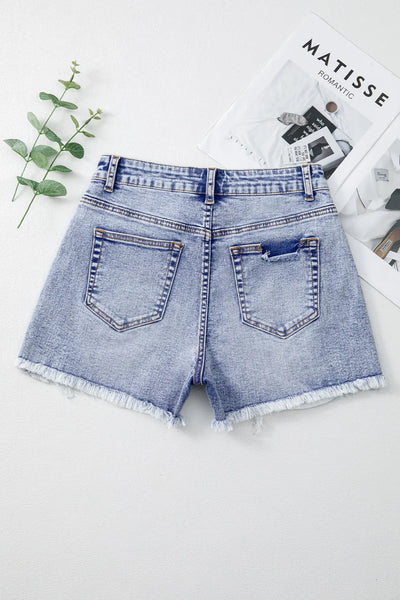 Pearl Studded Pockets Raw Hem Denim Shorts - Jeans Junction Online