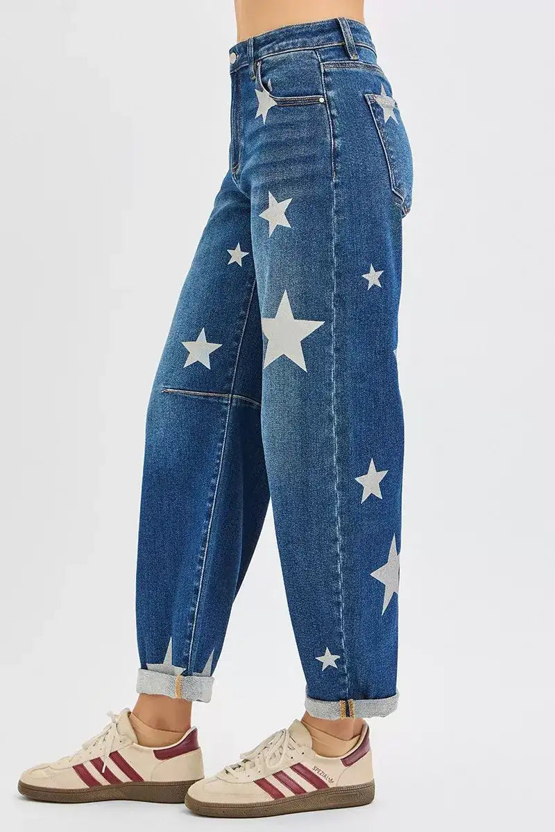 RISEN Mid Rise Ankle Length Relaxed Barrel Star Printed Jeans - Jeans Junction Online