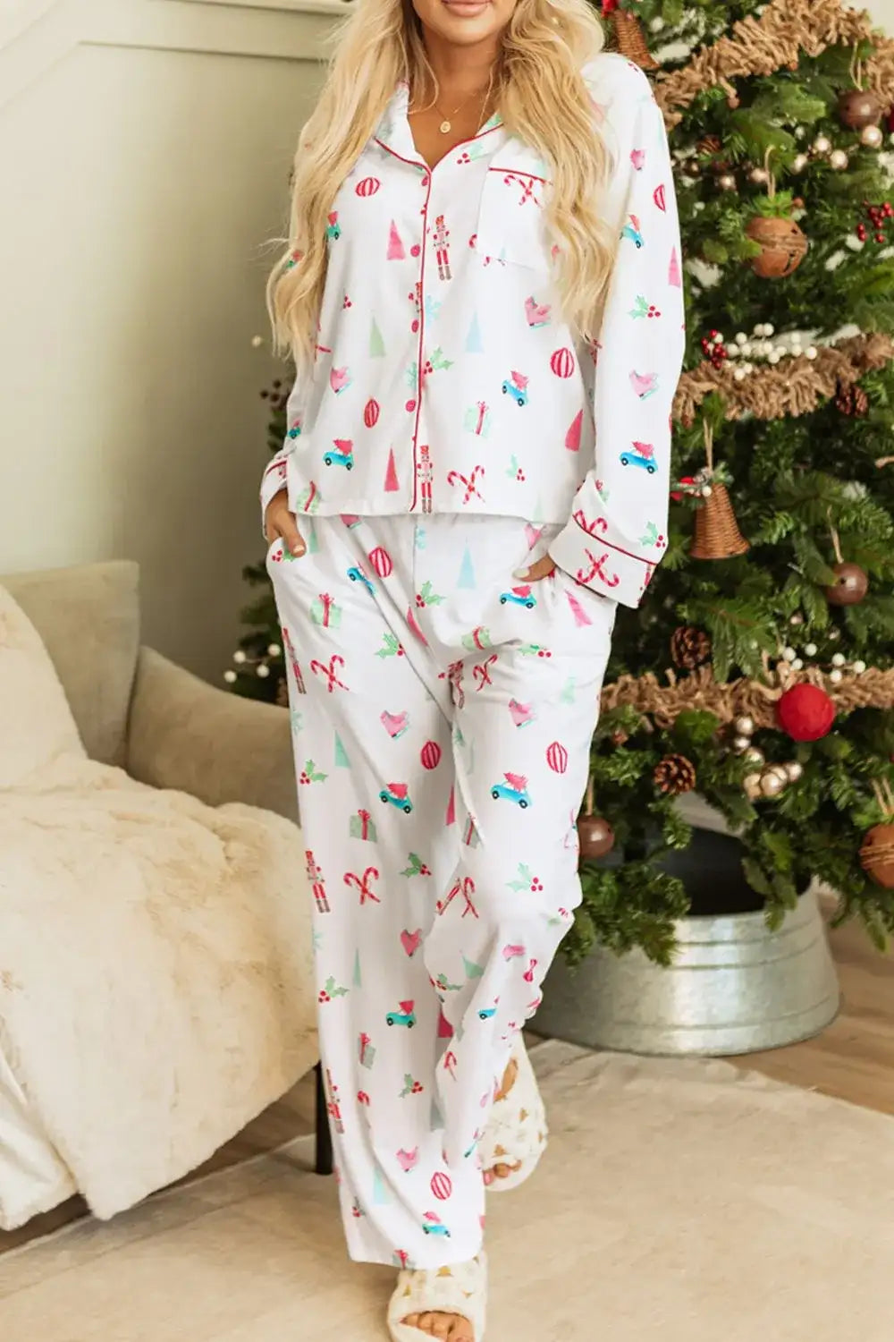 Christmas Printed Collared Neck Top and Pants Lounge Set - Jeans Junction Online 