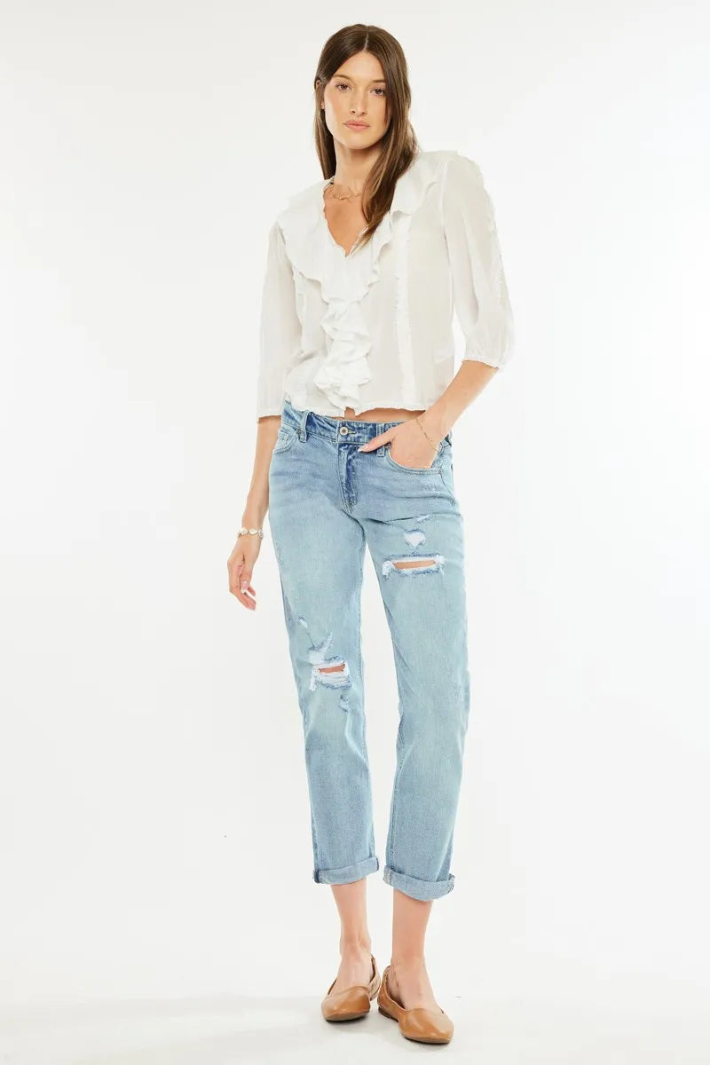 Kancan Mid Rise Distressed Boyfriend Fit Jeans - Jeans Junction Online