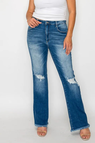 bytos Full Size Raw Hem Distressed High Rise Bootcut Jeans - Jeans Junction Online