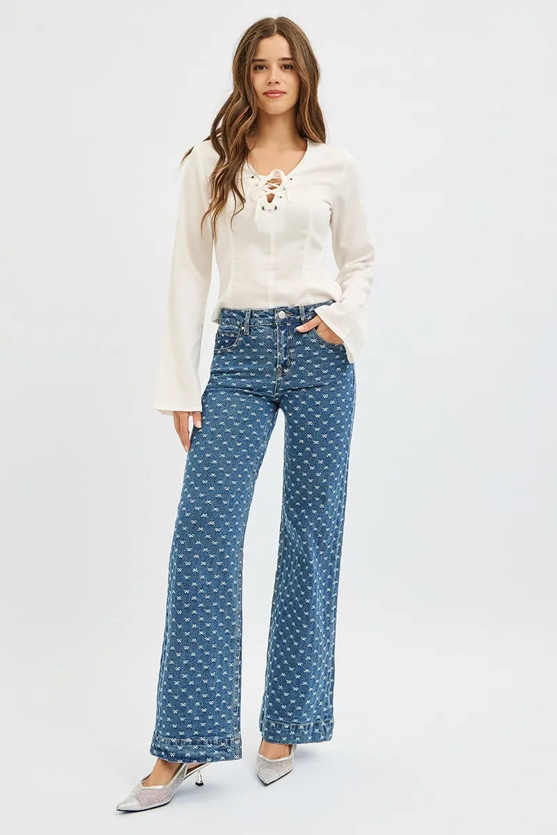 RISEN High Rise Wide Leg Bow Embroidered Jeans - Jeans Junction Online