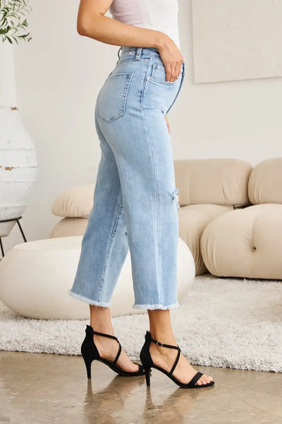 RFM Full Size Tummy Control High Waist Raw Hem Distressed Jeans - Jeans Junction Online