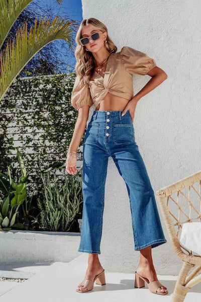 Button Fly Cropped Wide Leg Jeans - Jeans Junction Online