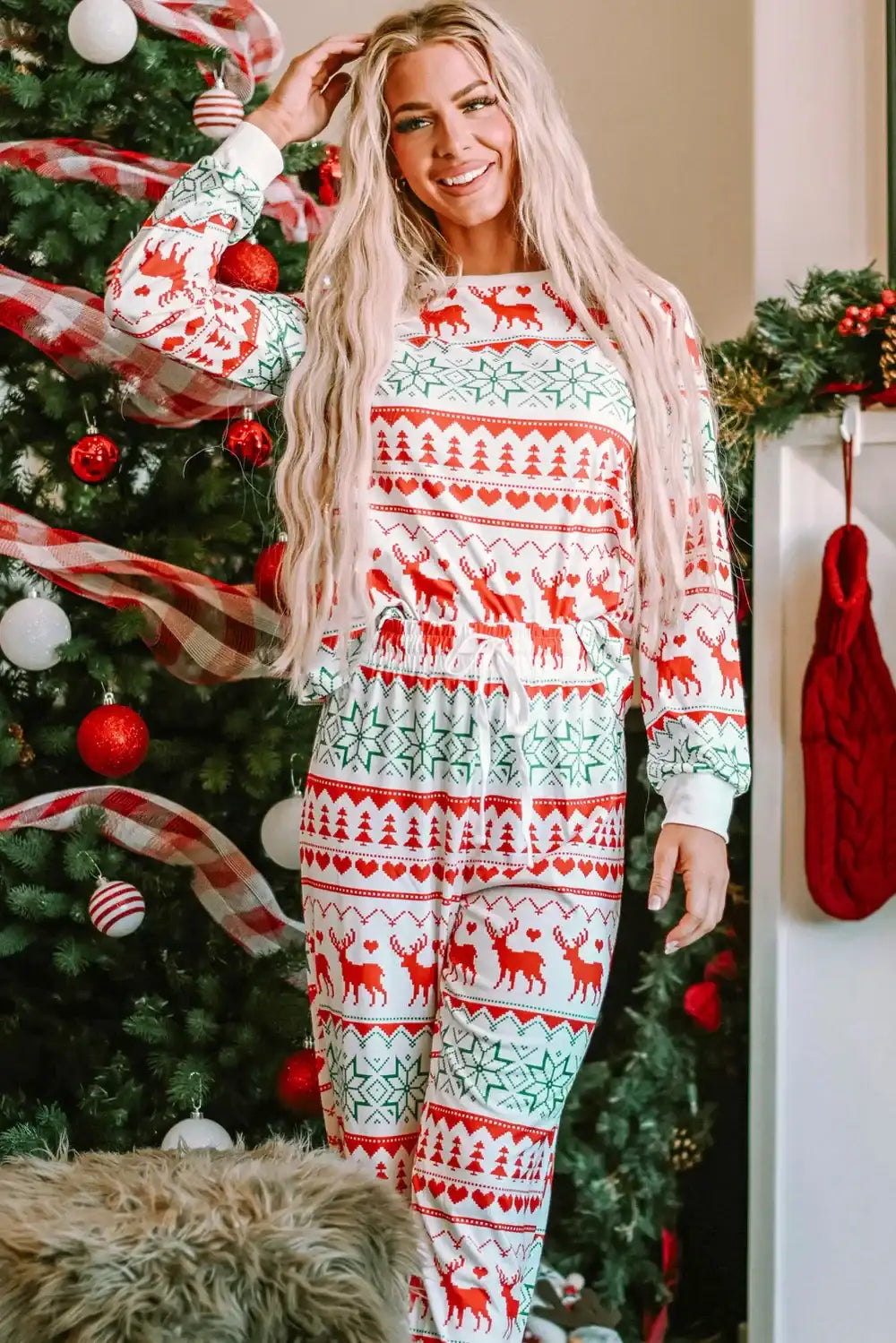 Christmas Element Round Neck Top and Pants Lounge Set - Jeans Junction Online 