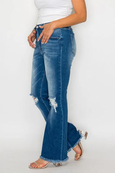 bytos Full Size Raw Hem Distressed High Rise Bootcut Jeans - Jeans Junction Online