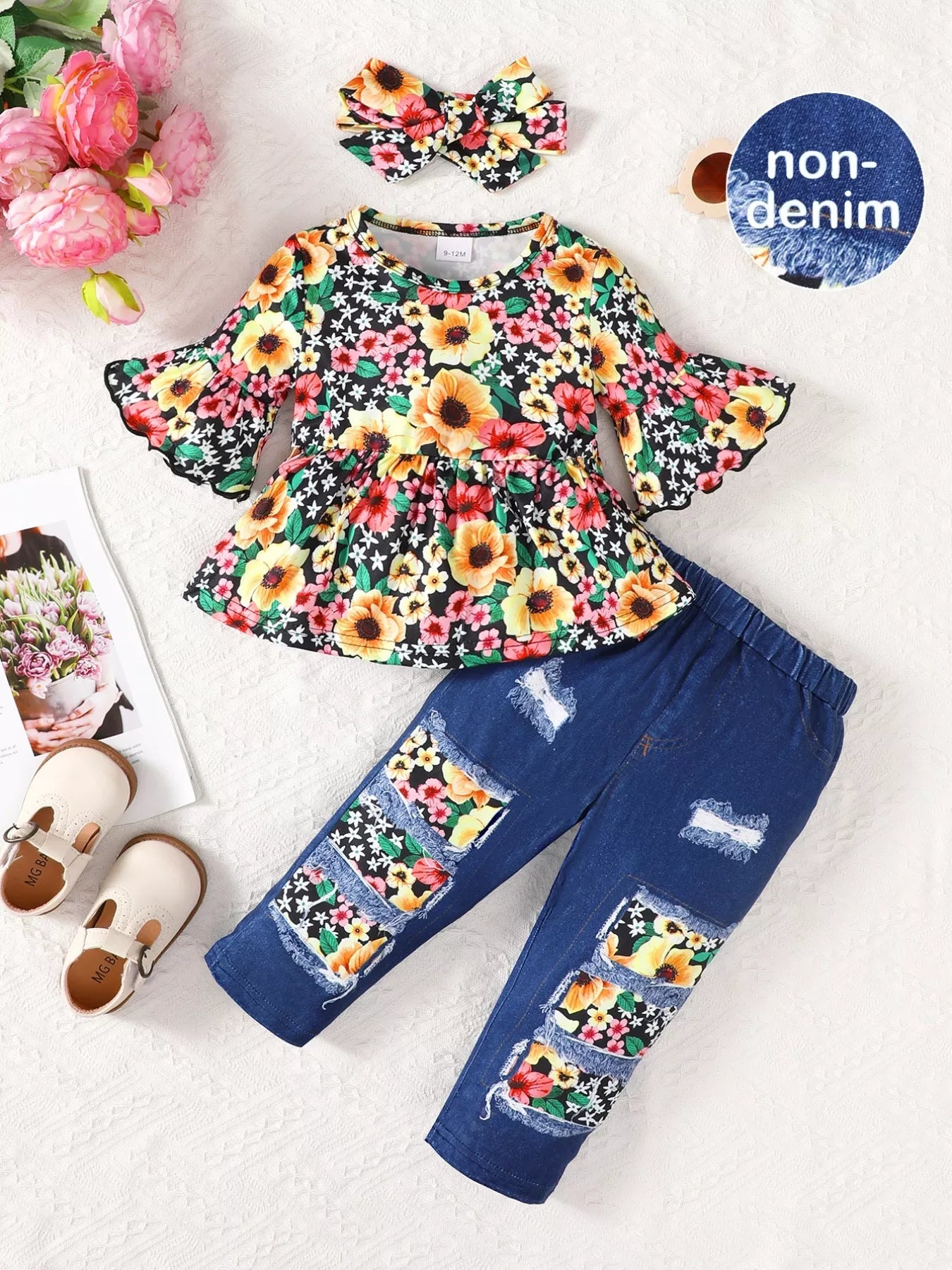 Children's Floral Bell Sleeve Top and Pants Set - Jeans Junction Online