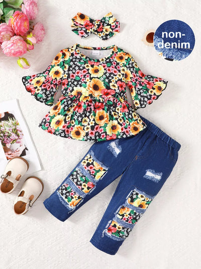 Children's Floral Bell Sleeve Top and Pants Set - Jeans Junction Online