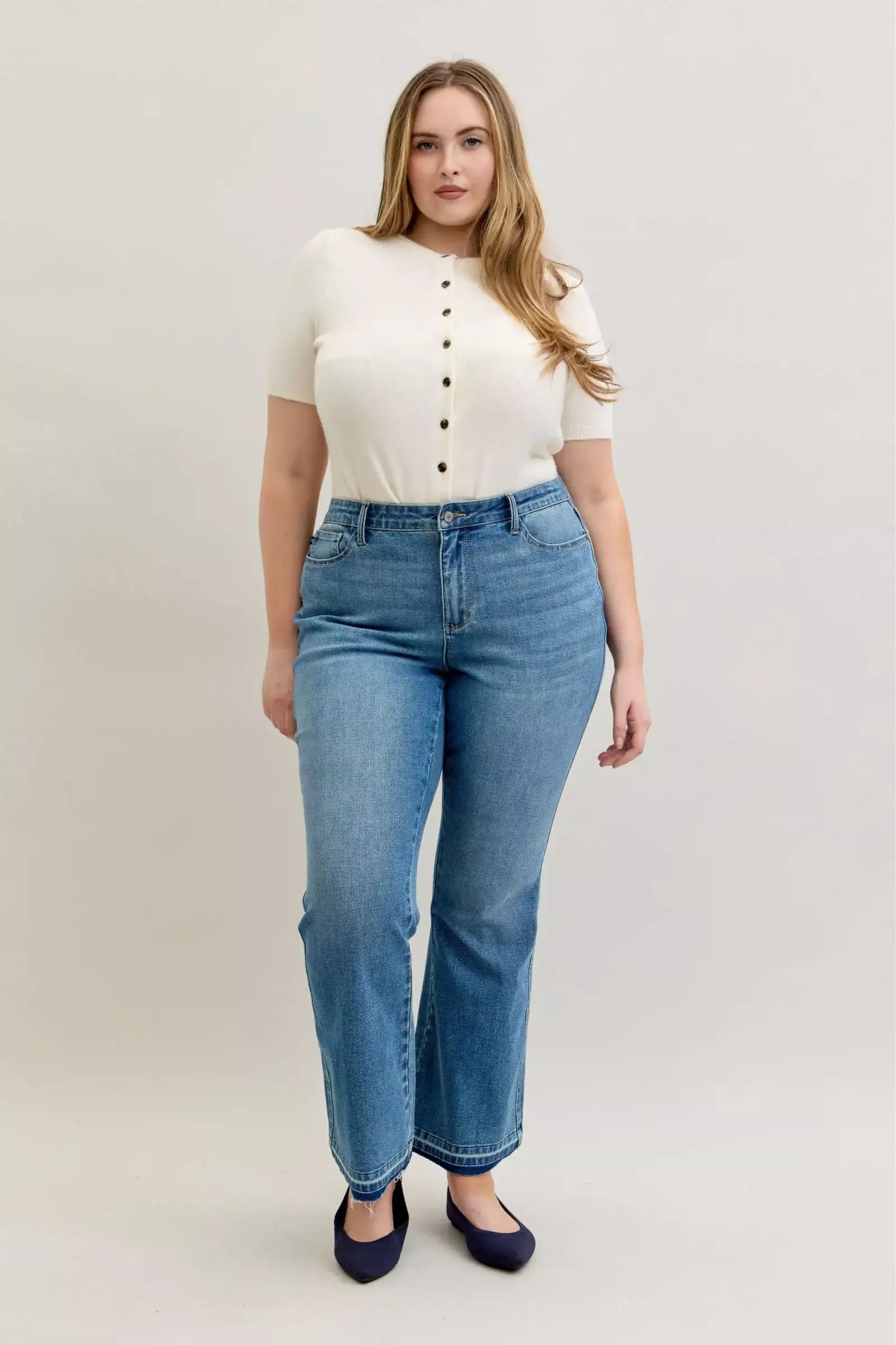 Judy Blue Full Size Mid Rise Slim Bootcut Tummy Control Release Hem Jeans Plus Size - Jeans Junction Online