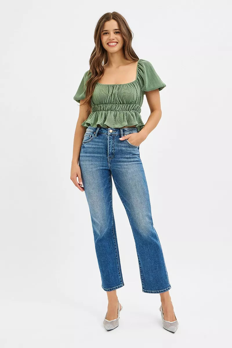 RISEN Tummy Control High Rise Crop Straight Jeans - Jeans Junction Online