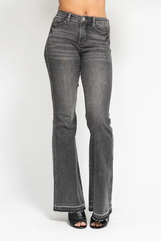 Judy Blue Full Size Mid Rise Tummy Control Washed Gray Release Hem Flare Jeans Plus Size - Jeans Junction Online