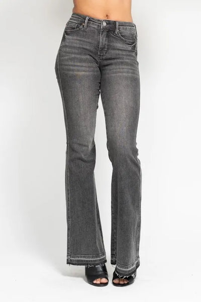 Judy Blue Full Size Mid Rise Tummy Control Washed Gray Release Hem Flare Jeans Plus Size - Jeans Junction Online