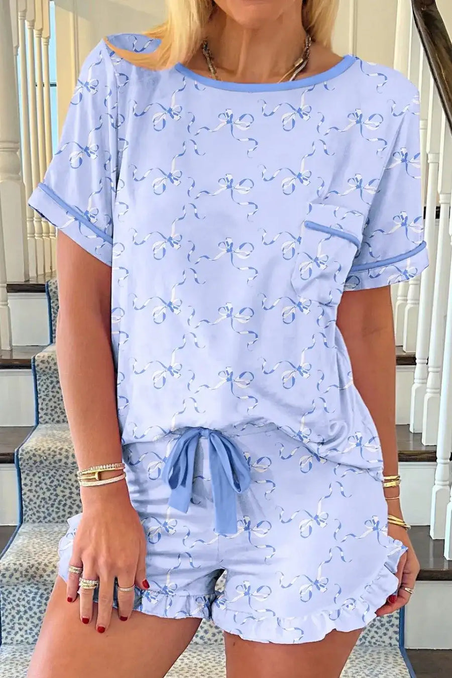 Bow Print Short Sleeve Top and Shorts Pajama Set - Jeans Junction Online 