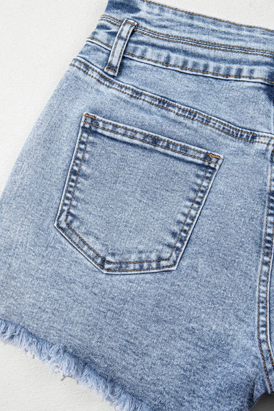 Rhinestone Light Wash Raw Hem High Waist Denim Shorts - Jeans Junction Online